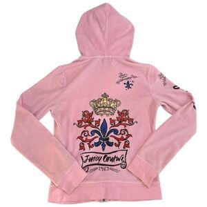 Y2K Juicy Couture Velour Crown Graphic Hoodie ZipUp Jacket Princess Bratz Pink S